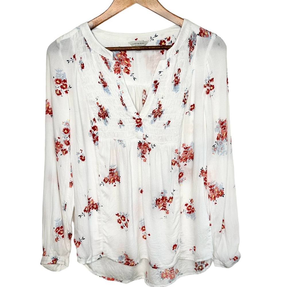 LUCKY Brand White Floral Peasant Blouse with Button Sleeves